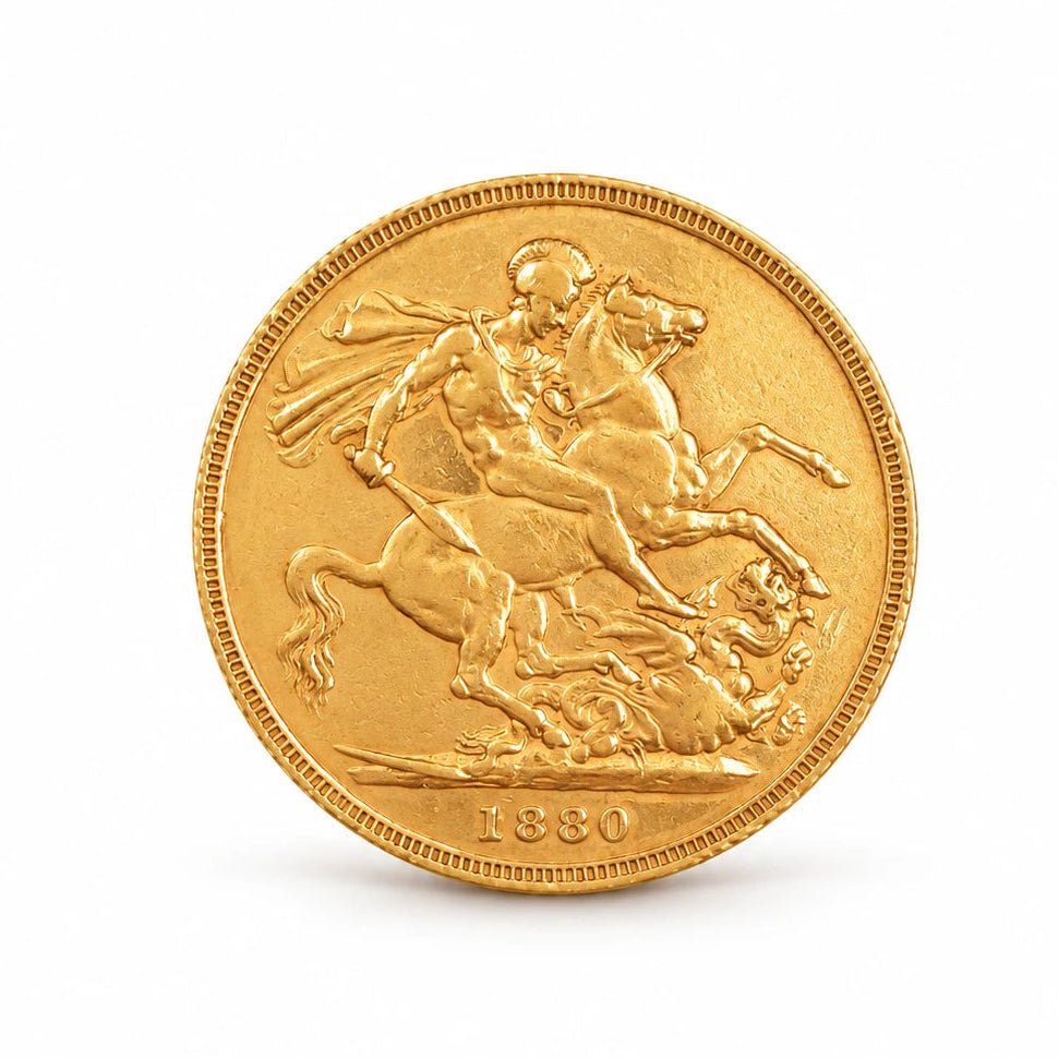 Verso da libra da Rainha Victoria em ouro 22kl, com São Jorge a cavalo e o dragão.