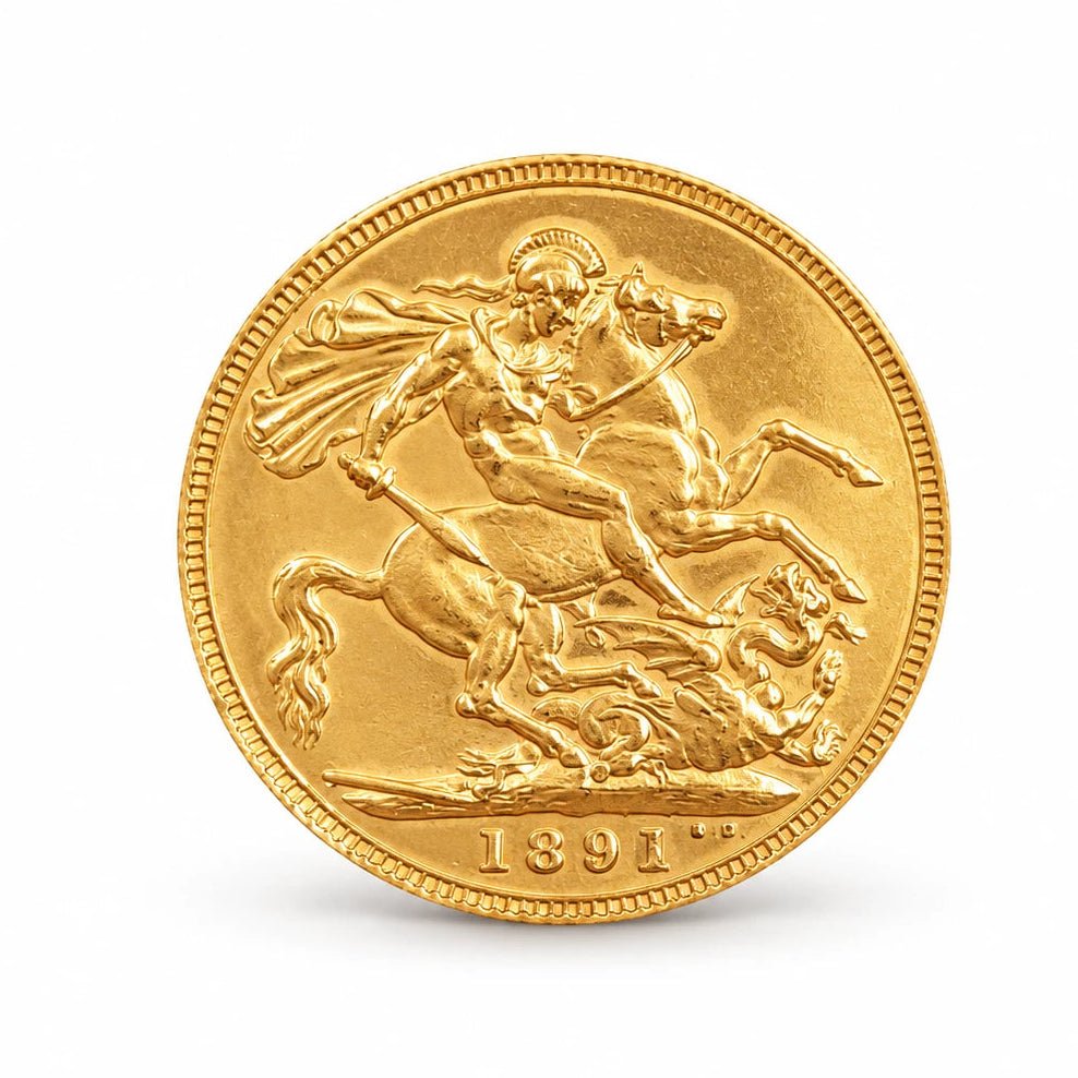 Verso da libra da Rainha Victoria em ouro 22kl, com São Jorge a cavalo e o dragão.