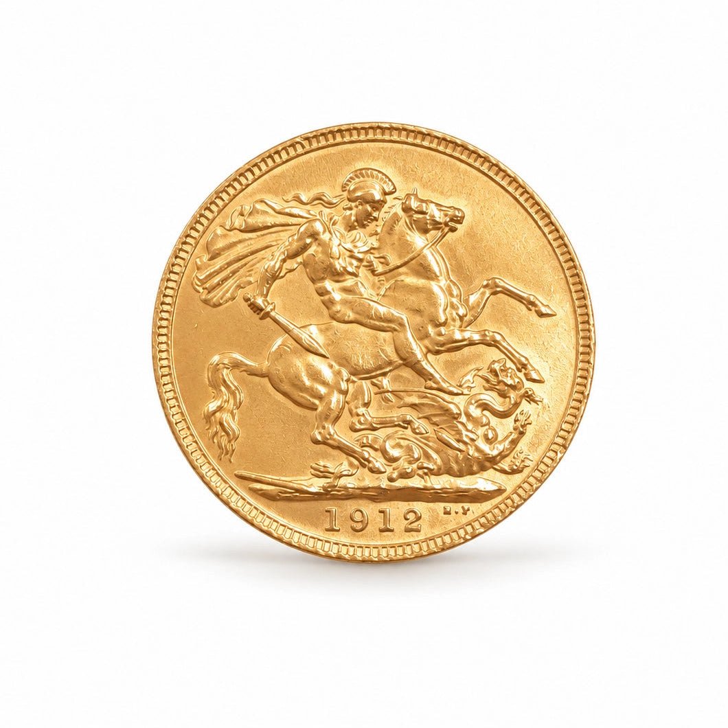 Verso da libra do Rei Jorge V em ouro 22kl, com São Jorge a cavalo e o dragão.