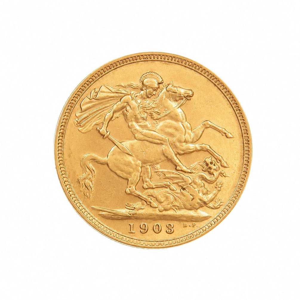 Verso da libra do Rei Eduardo VII em ouro 22kl, com São Jorge a cavalo e o dragão.