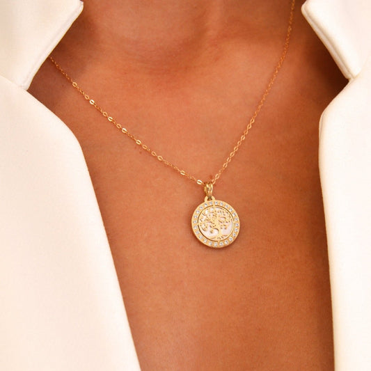 Medalha Árvore da Vida em Ouro 19kl com Zircónias e Madrepérola - Loja do Ouro