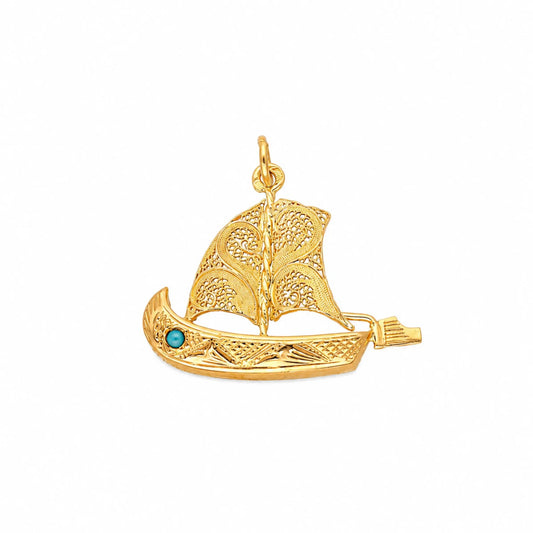 Medalha Barco em Ouro 19kl com Filigrana e Turquesa - Loja do Ouro