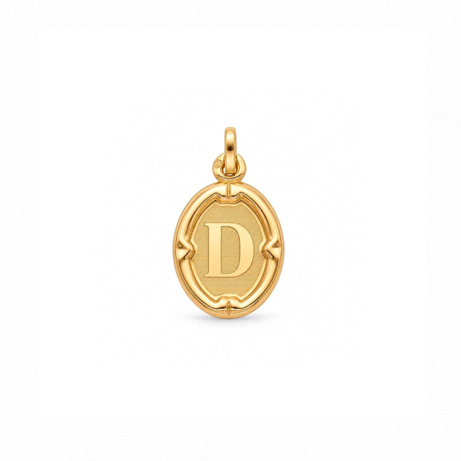 Medalha oval com letra D em ouro de 19 quilates