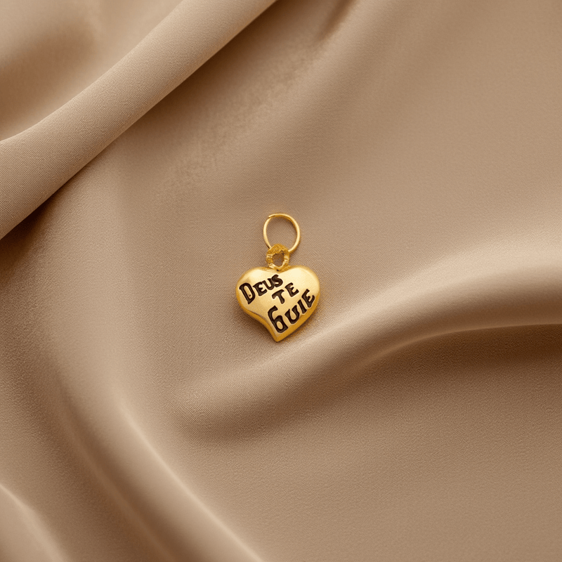Medalha Coração "Deus te Guie" em Ouro 19kl (9mm) - Loja do Ouro