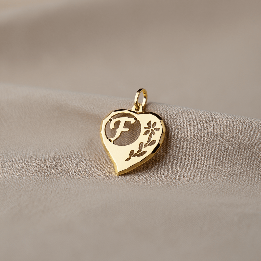 Medalha Coração em Ouro 19kl com Letra F (1.6cm) - Loja do Ouro