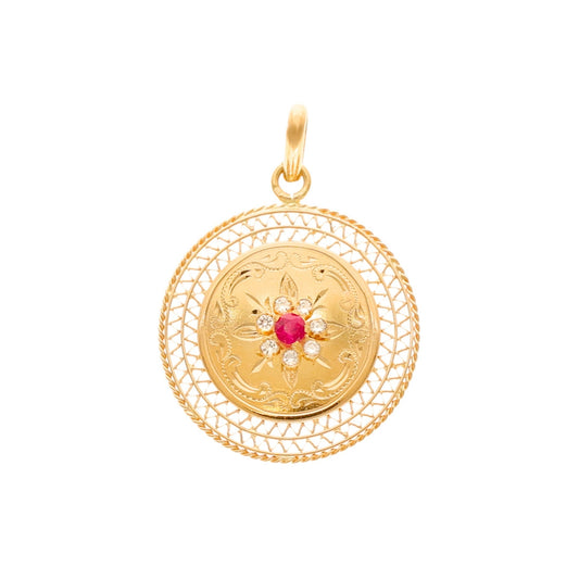 Medalha Dona Flor em Ouro 19kl com Rubi e Zircónias - Loja do Ouro