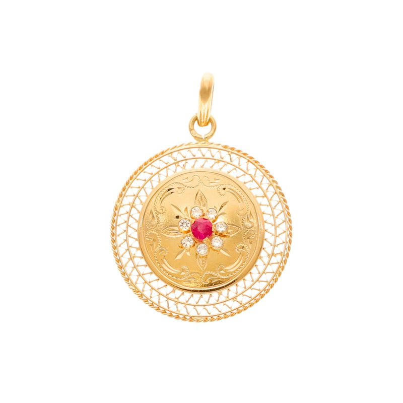 Medalha Dona Flor em Ouro 19kl com Rubi e Zircónias - Loja do Ouro
