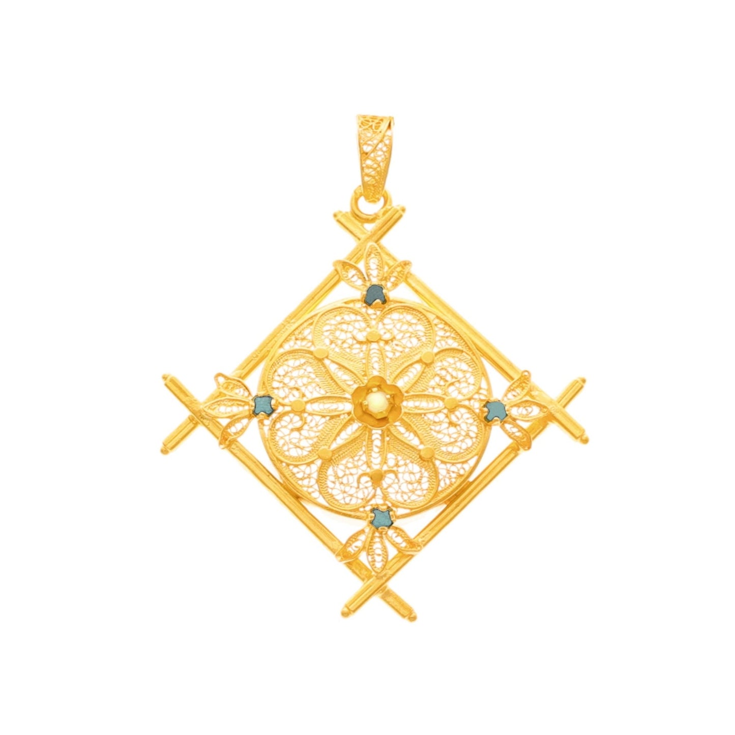 Medalha Floral em Filigrana Ouro 19kl com Turquesas e Pérola (4.5cm) - Loja do Ouro