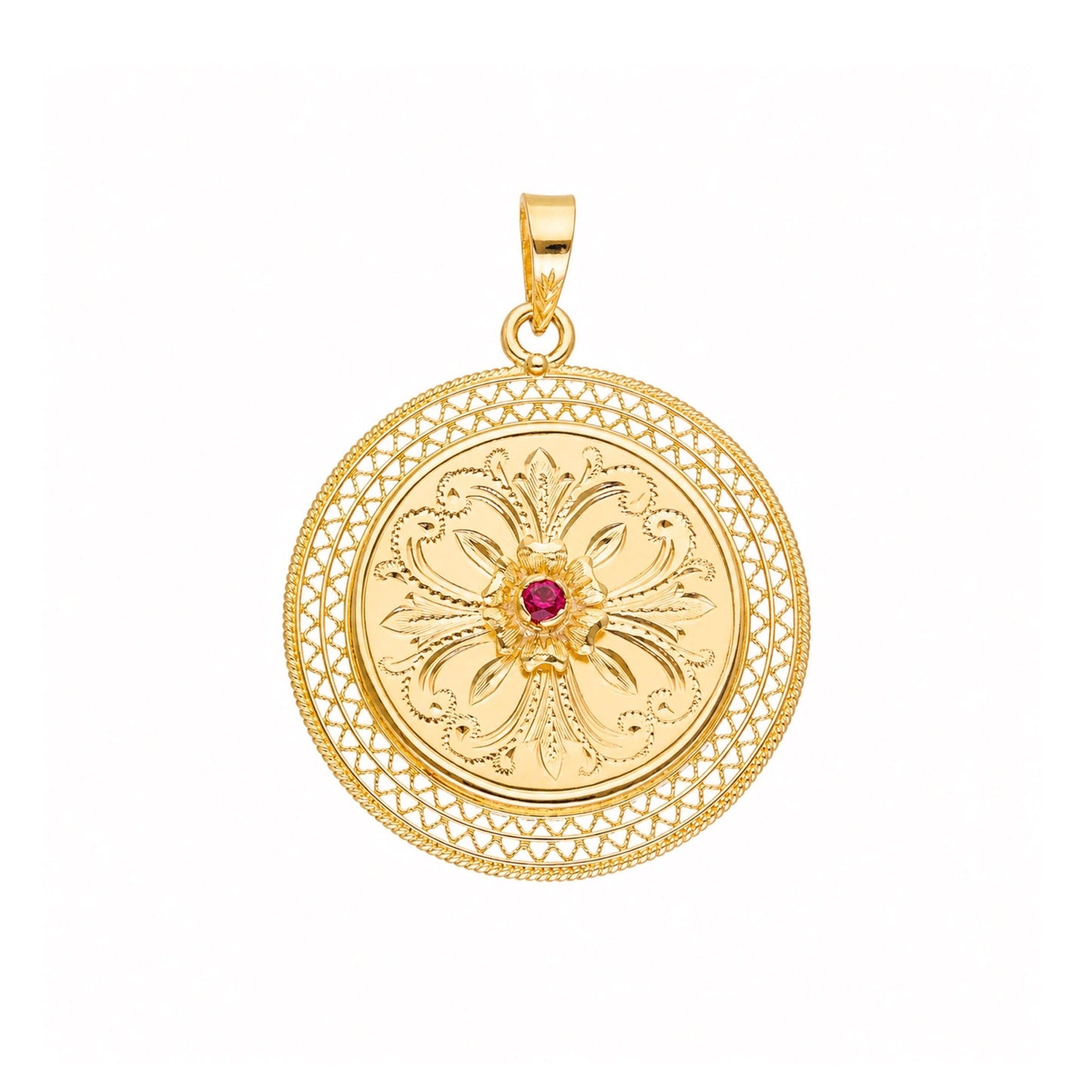 Medalha Floral em Ouro 19kl com Rubi (2.9cm) - Loja do Ouro