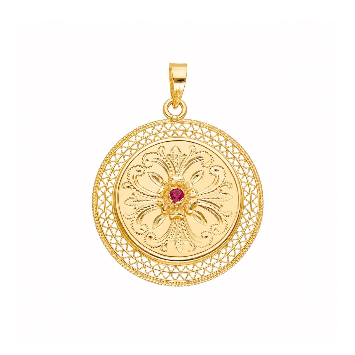 Medalha Floral em Ouro 19kl com Rubi (2.9cm) - Loja do Ouro
