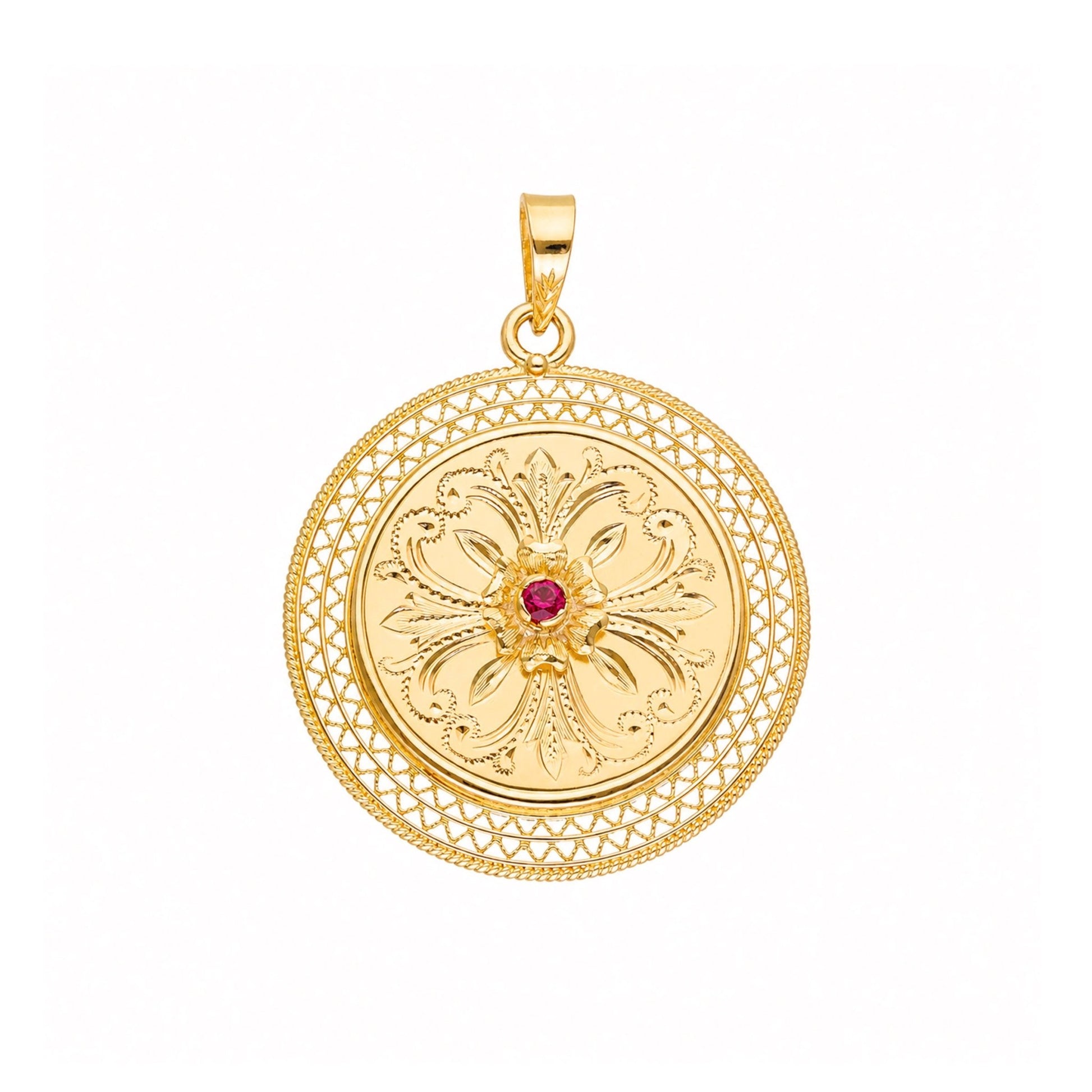 Medalha Floral em Ouro 19kl com Rubi (2.9cm) - Loja do Ouro