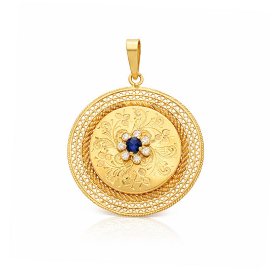 Medalha Floral em Ouro 19kl com Topázio Azul e Zircónias - Loja do Ouro