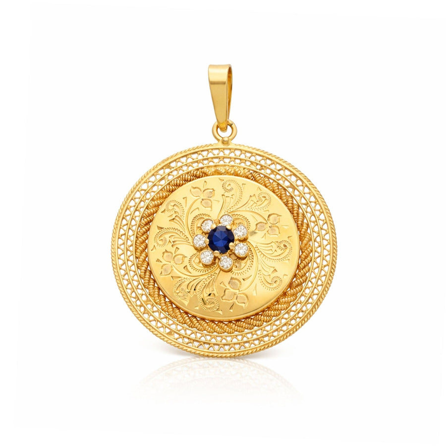 Medalha Floral em Ouro 19kl com Topázio Azul e Zircónias - Loja do Ouro