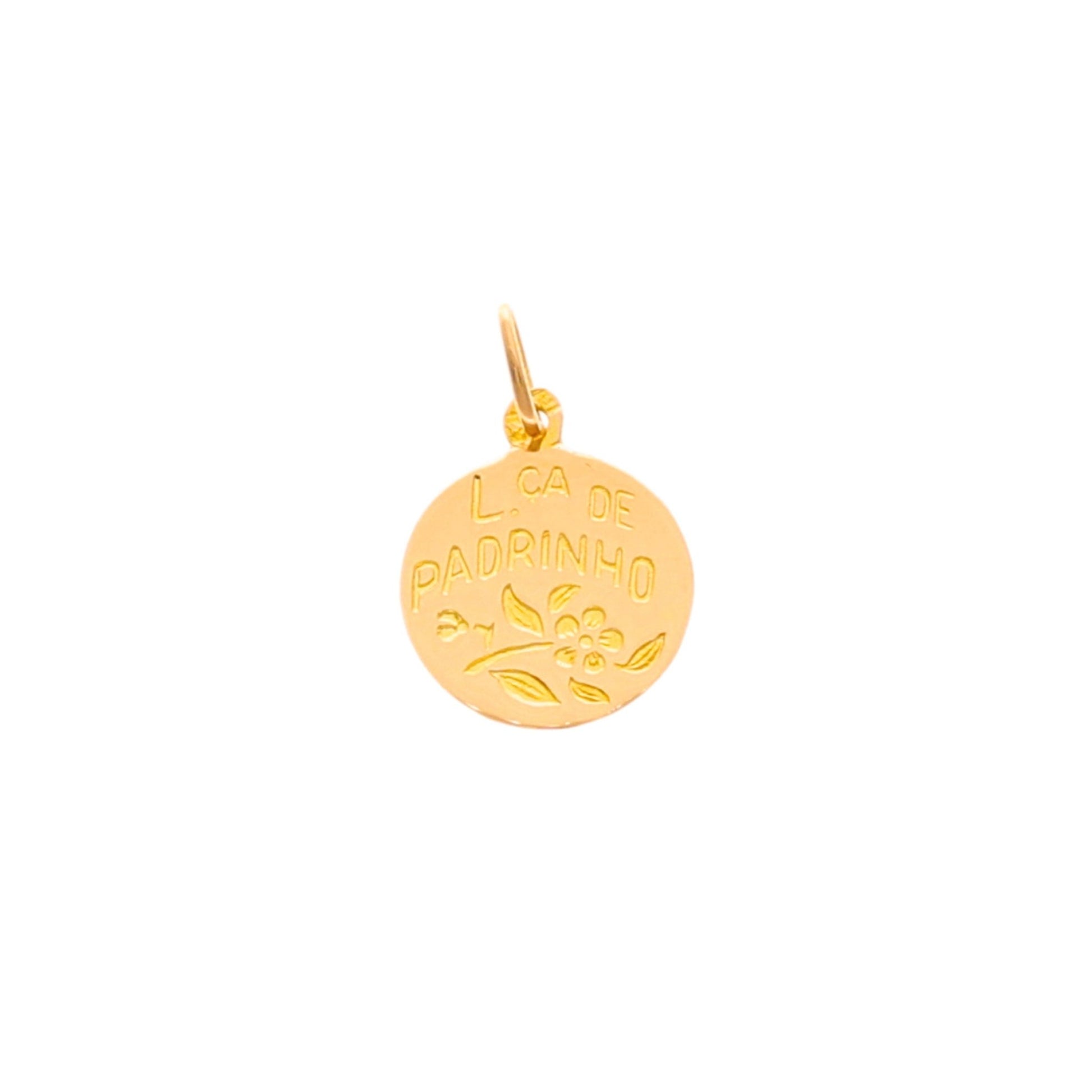 Medalha "Lça de Padrinho" em Ouro 19kl com Motivos Florais (0.6cm) - Loja do Ouro