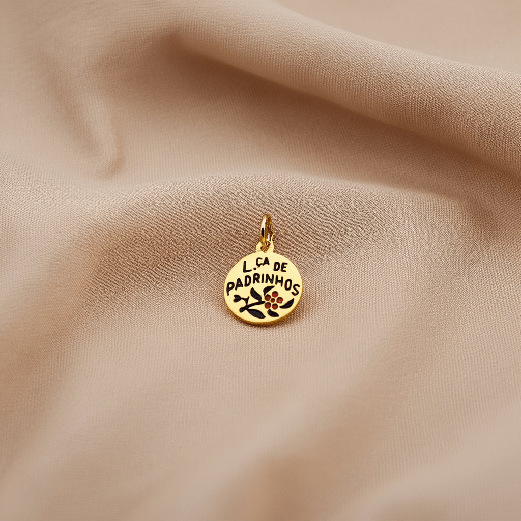 Medalha "Lça de Padrinhos" em Ouro 19kl com Motivos Florais (1.1cm) - Loja do Ouro