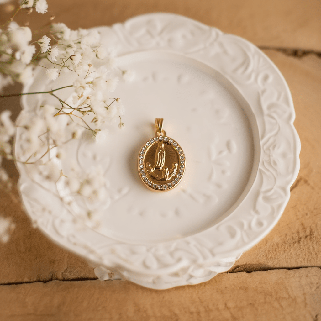 Medalha Nossa Sra de Fátima em Ouro 19kl com Zircónias (1.4cm) - Loja do Ouro