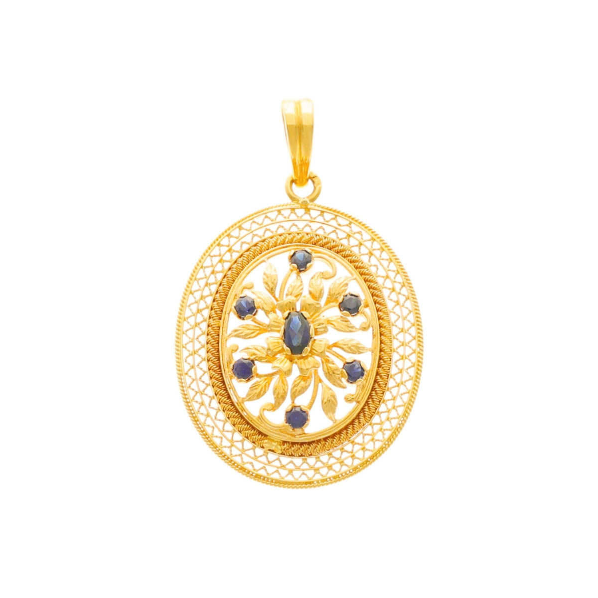 Medalla Ovalada de Oro de 19 kl con motivos florales y topacios azules - Gold Store Premium
