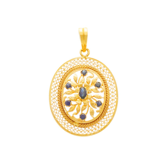 Medalha Oval em Ouro de 19kl com Motivos Florais e Topazios Azuis - Loja do Ouro