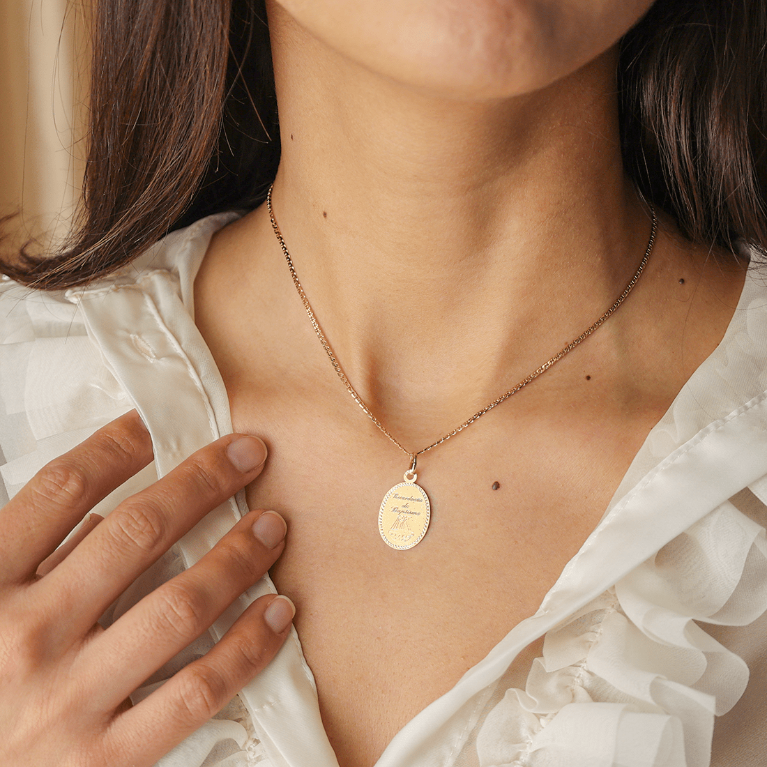 Medalha "Recordação de Baptismo" Oval em Ouro 19kl - Loja do Ouro