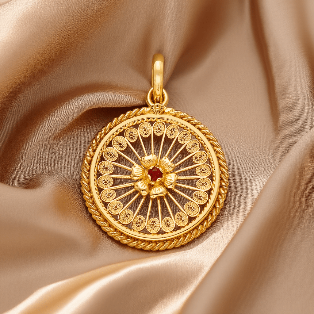 Medalha Rendilha em Ouro 19kl com Flor e Granada - Loja do Ouro
