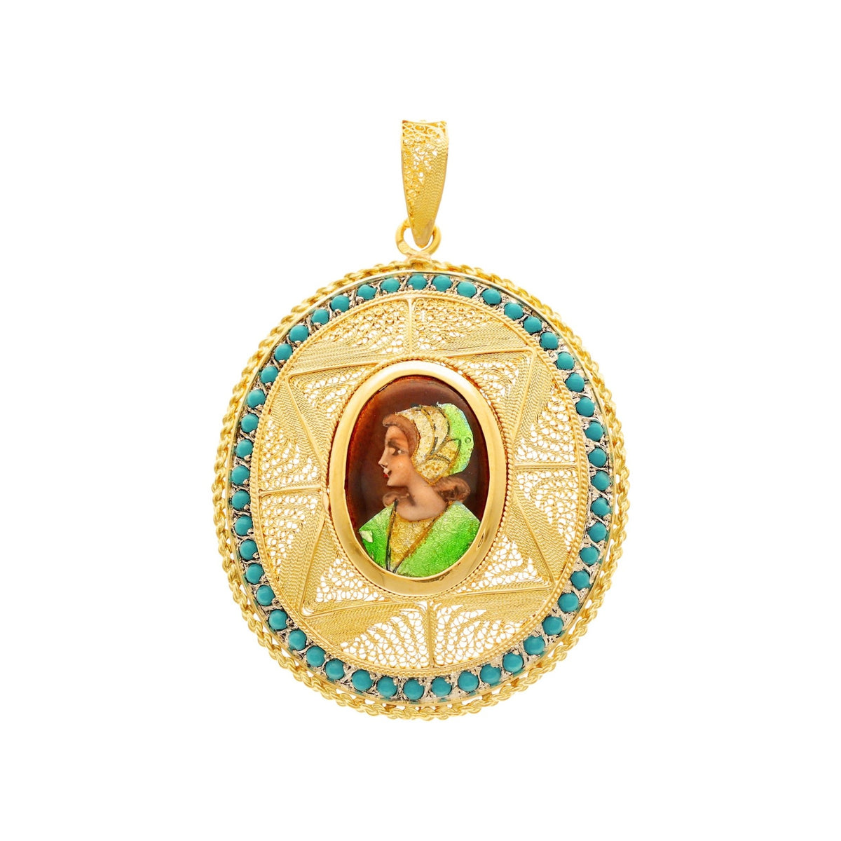Medalla de filigrana en oro 19kl con camafeo y turquesa - Gold Shop