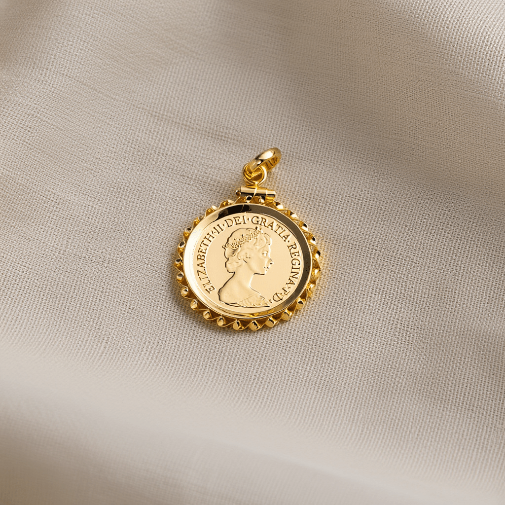 Meia Libra Rainha Elizabeth II (1982) em Ouro 22kl com Aro Torcido em Ouro de 19kl - Loja do Ouro