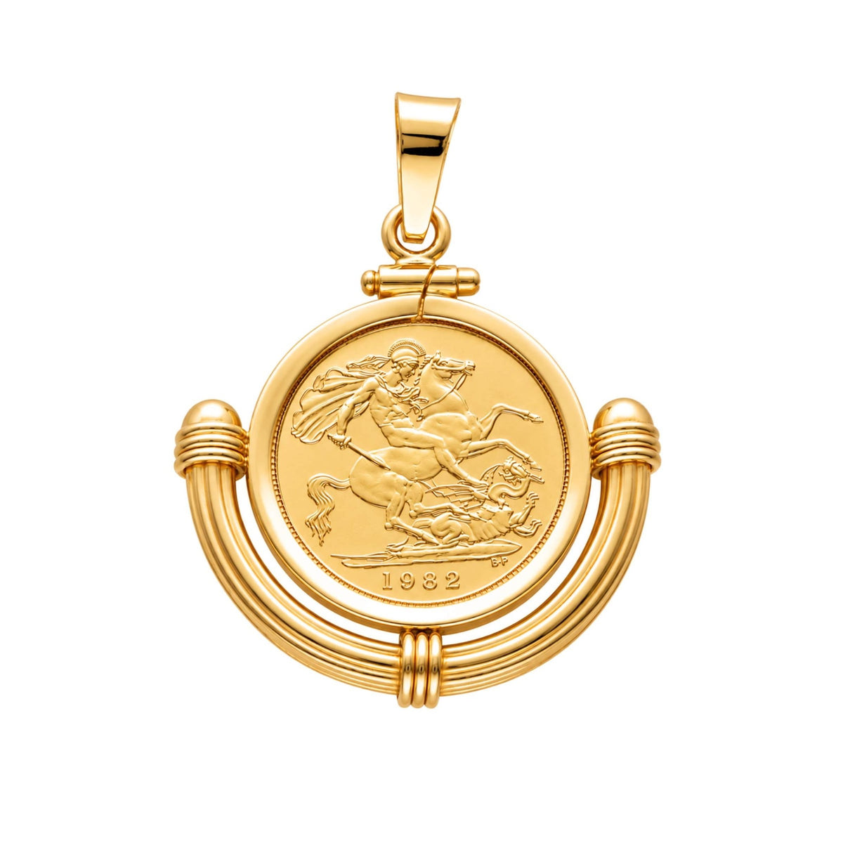 Meia Libra Rainha Isabel II (1982) com Aro Meia Lua em Ouro 19kl - Loja do Ouro
