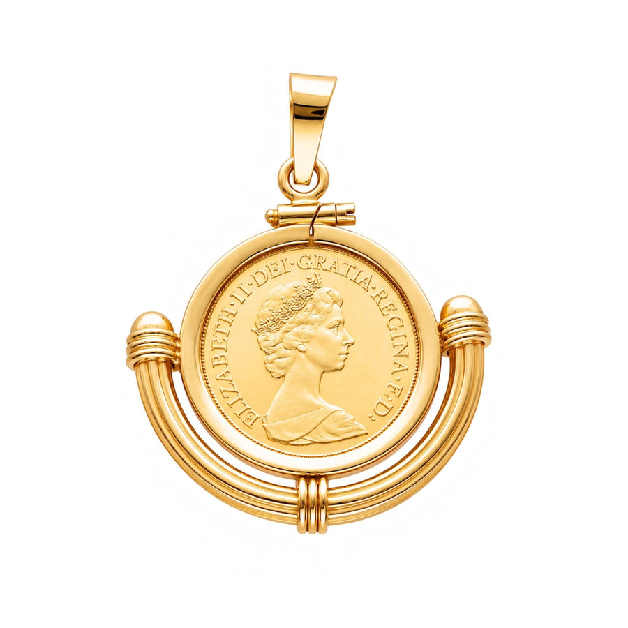 Meia Libra Rainha Isabel II (1982) com Aro Meia Lua em Ouro 19kl - Loja do Ouro
