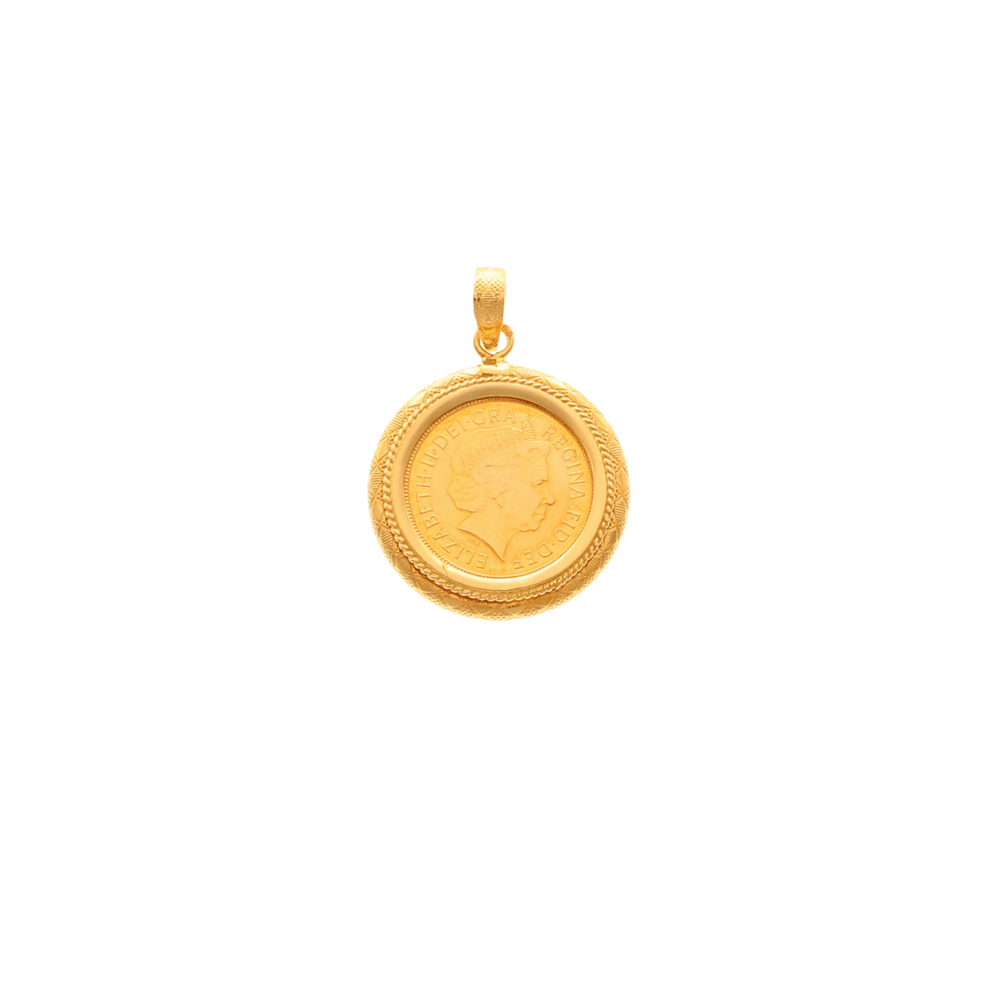 Meia Libra Rainha Isabel II (2001) em Ouro 22kl com Aro Texturizado em Ouro de 19kl - Loja do Ouro