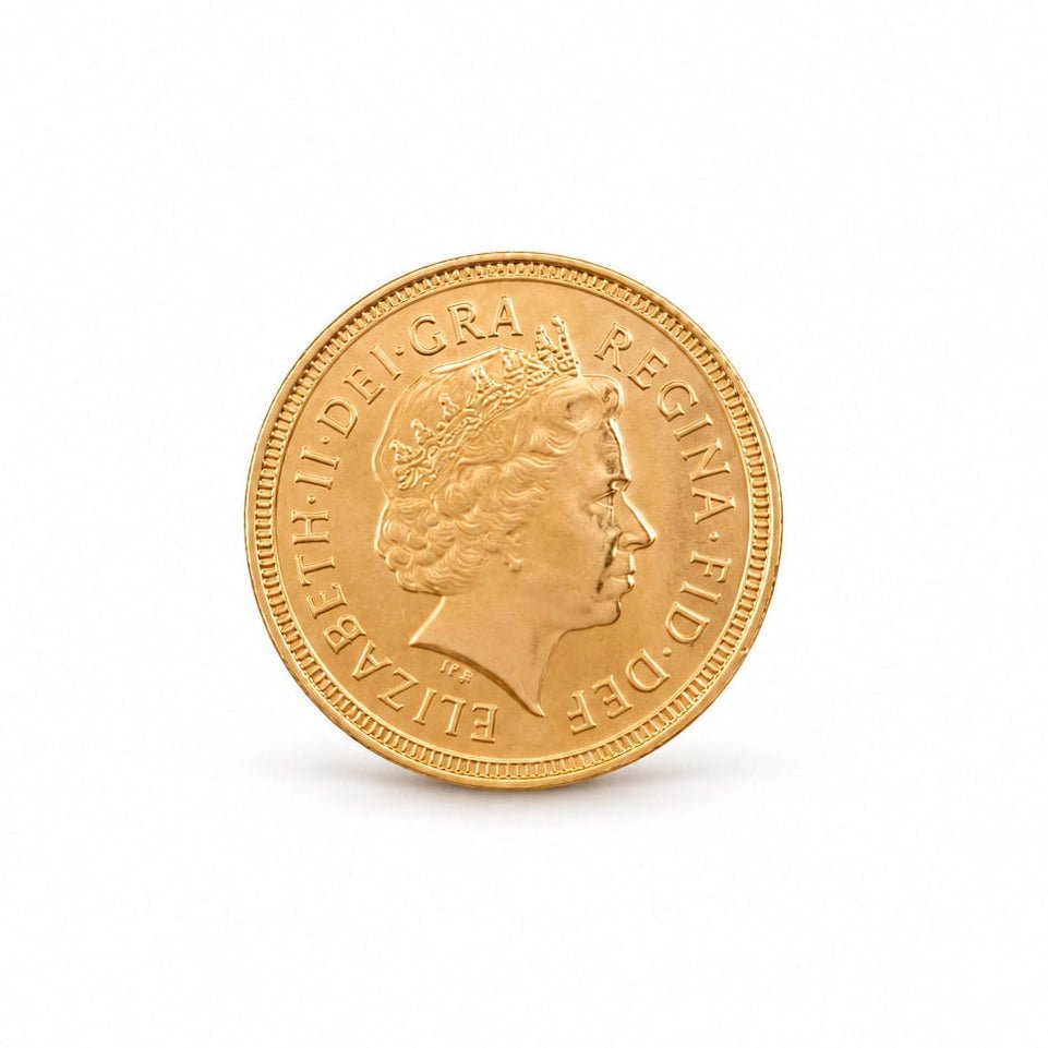 Meia libra da Rainha Isabel II em ouro de 22 quilates, com data sob consulta.