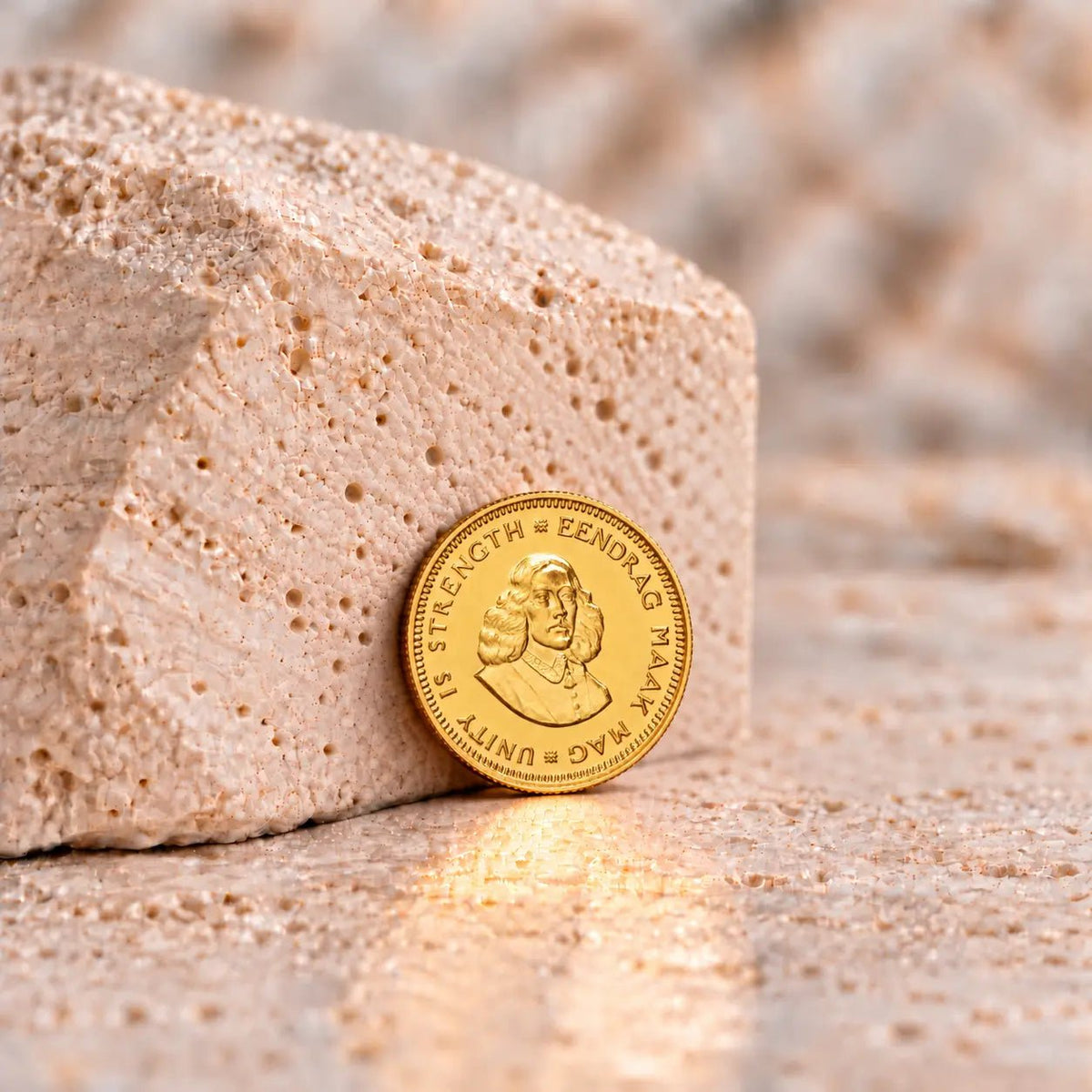 Moeda sul-africana de 1 rand de 1968 em ouro 916,7 milésimas, da série decimal.