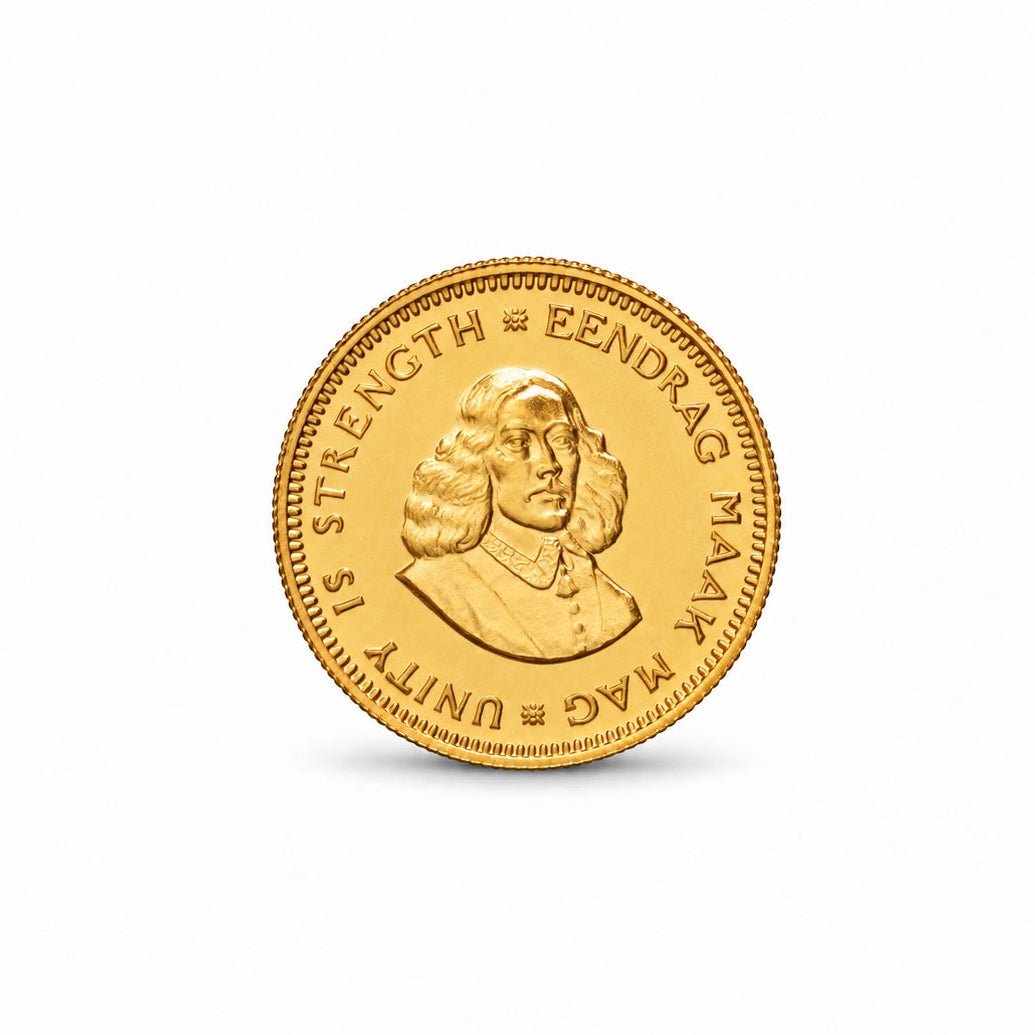 Relevos e inscrições da moeda de ouro de 1 rand da África do Sul, emissão de 1968.