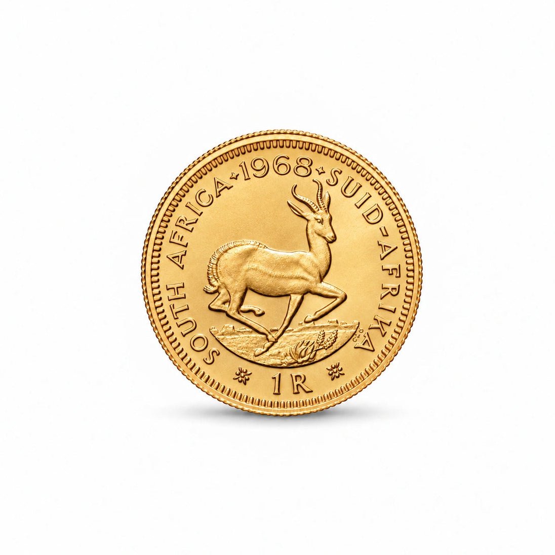 Moeda de 1 rand da África do Sul de 1968 em ouro de 22 quilates.