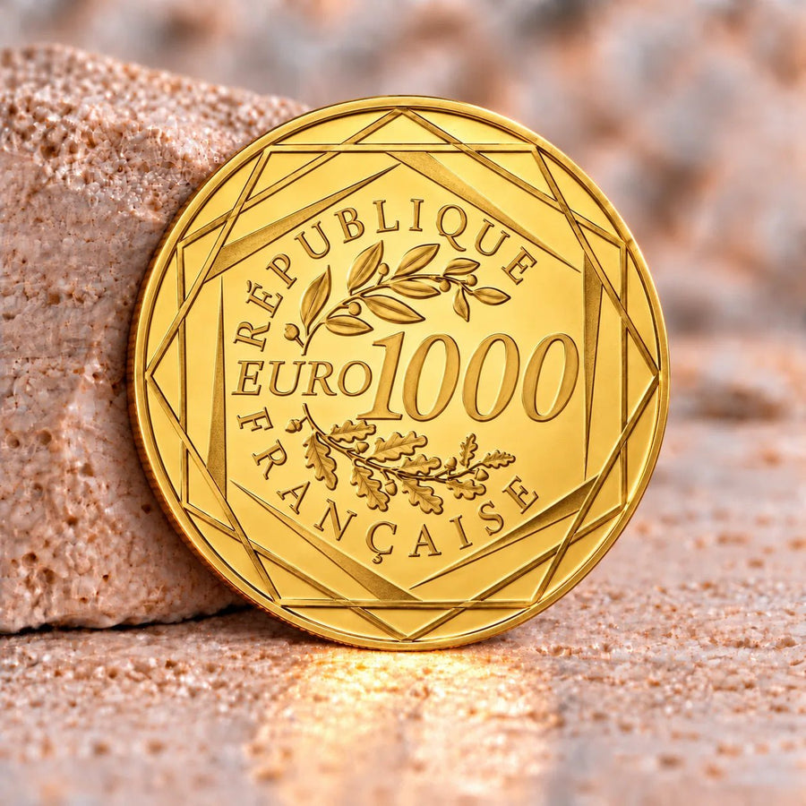 Moeda francesa de 1000 euros Coq, última emissão da trilogia de 2014 a 2016 em ouro 999 milésimas.