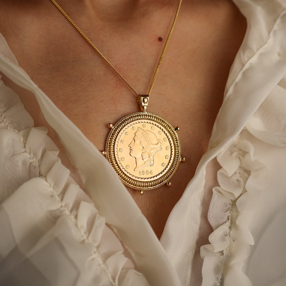 Moneda de 20 dólares (1904) en oro de 22 kl con llanta estilo timón en oro de 19kl - Gold Store Premium