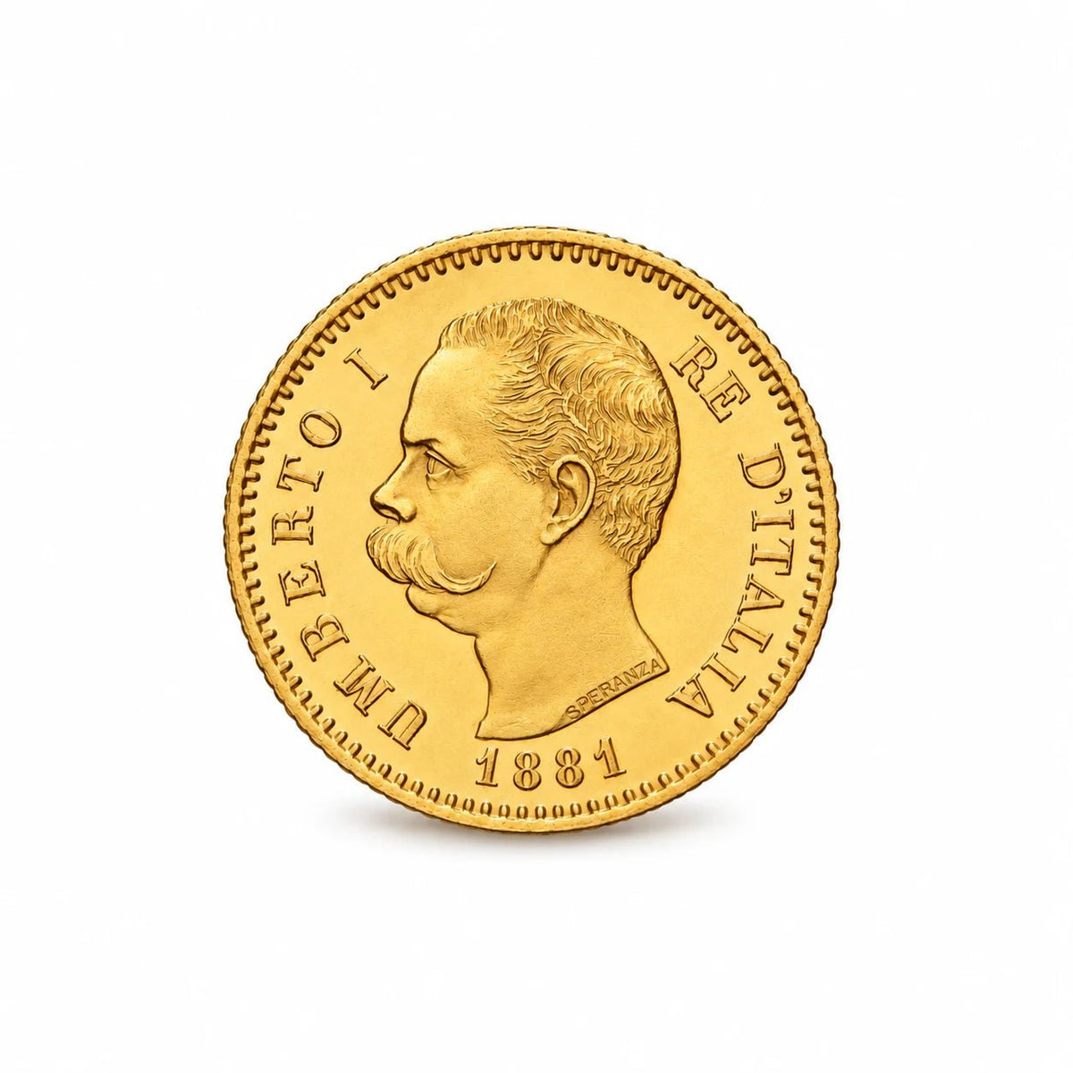 Moeda de 20 liras do Reino de Itália de 1881 em ouro de 21,6 quilates.