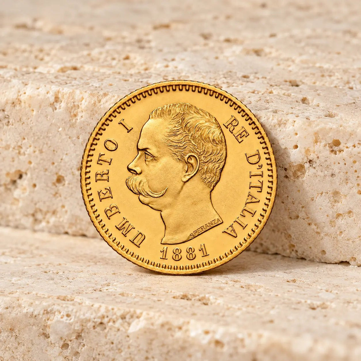 Moeda italiana de 20 liras de 1881, do reinado de Umberto I, cunhada em ouro 900 milésimas.