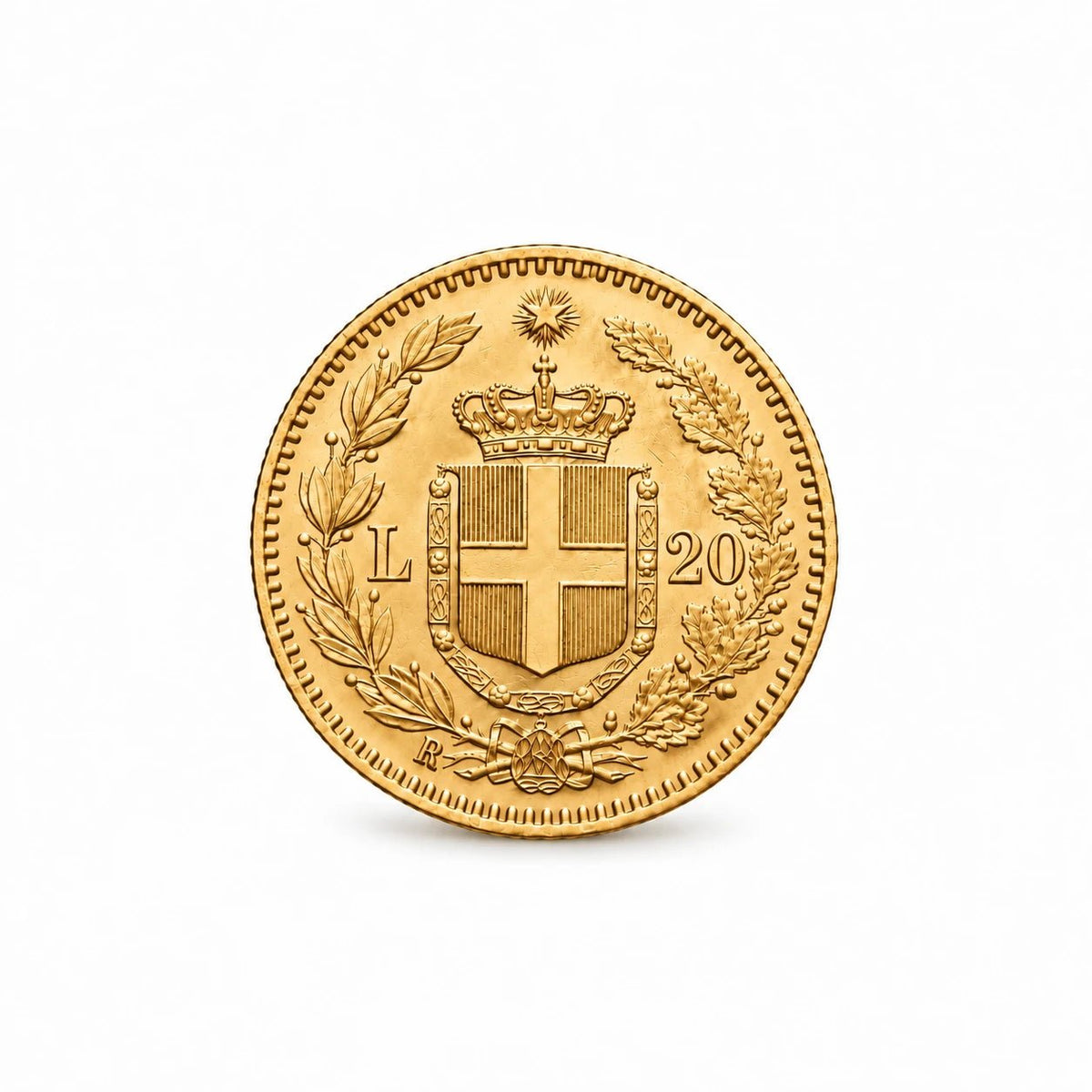 Pormenores da cunhagem de 1881 da moeda de 20 liras do Reino de Itália em ouro.