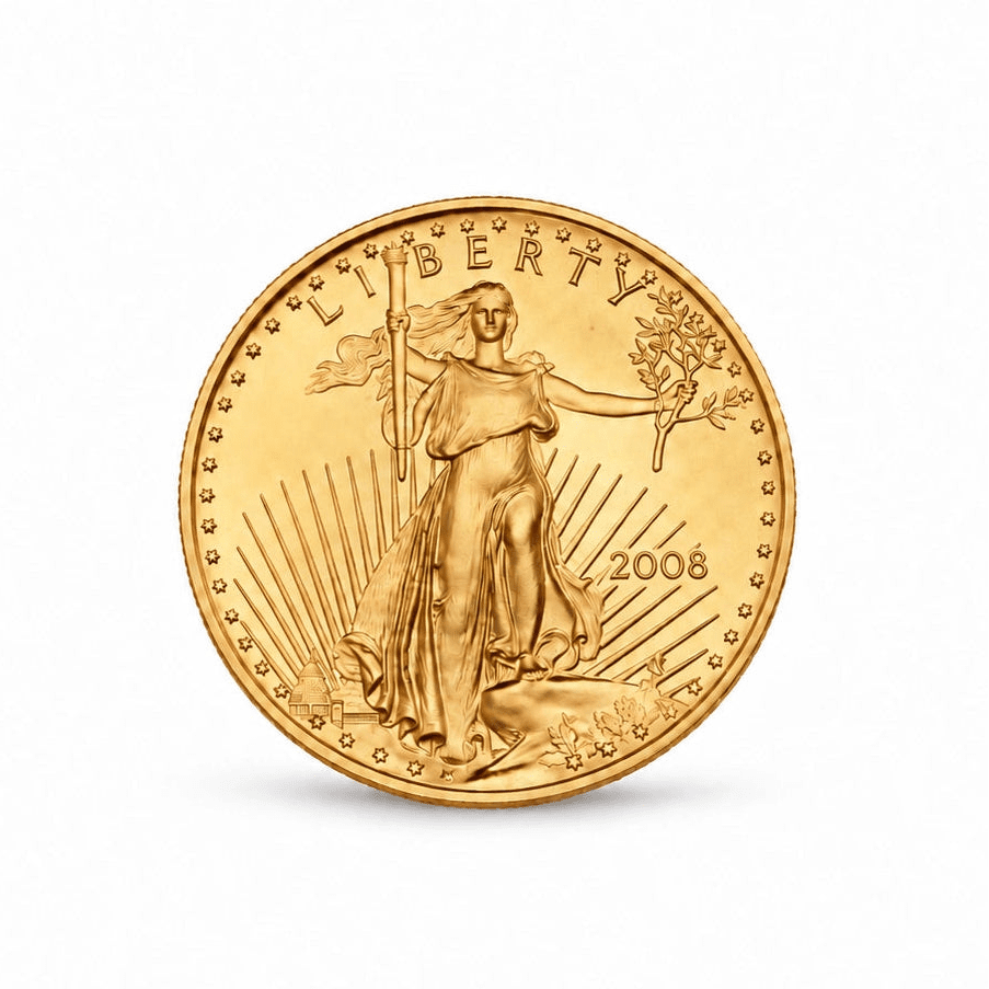 Moeda American Gold Eagle de 10 dólares de 2008, com 1/4 de onça de ouro fino e toque de 22 quilates.