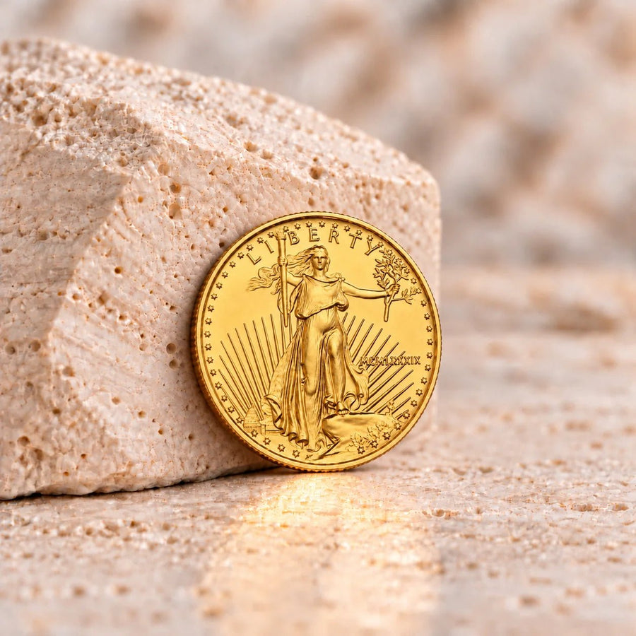Moeda American Eagle de 1986 em ouro, com ano de emissão MCMLXXXVI em numeração romana.