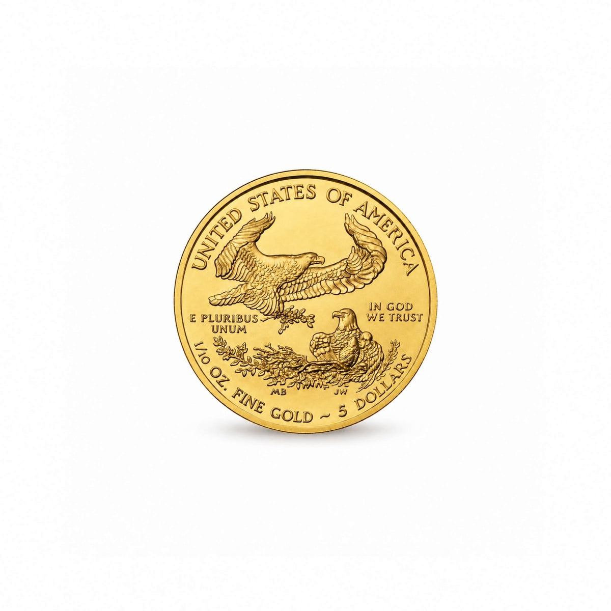 Relevos da moeda American Eagle de 5 dólares de 1986, com 1/10 de onça de ouro fino.