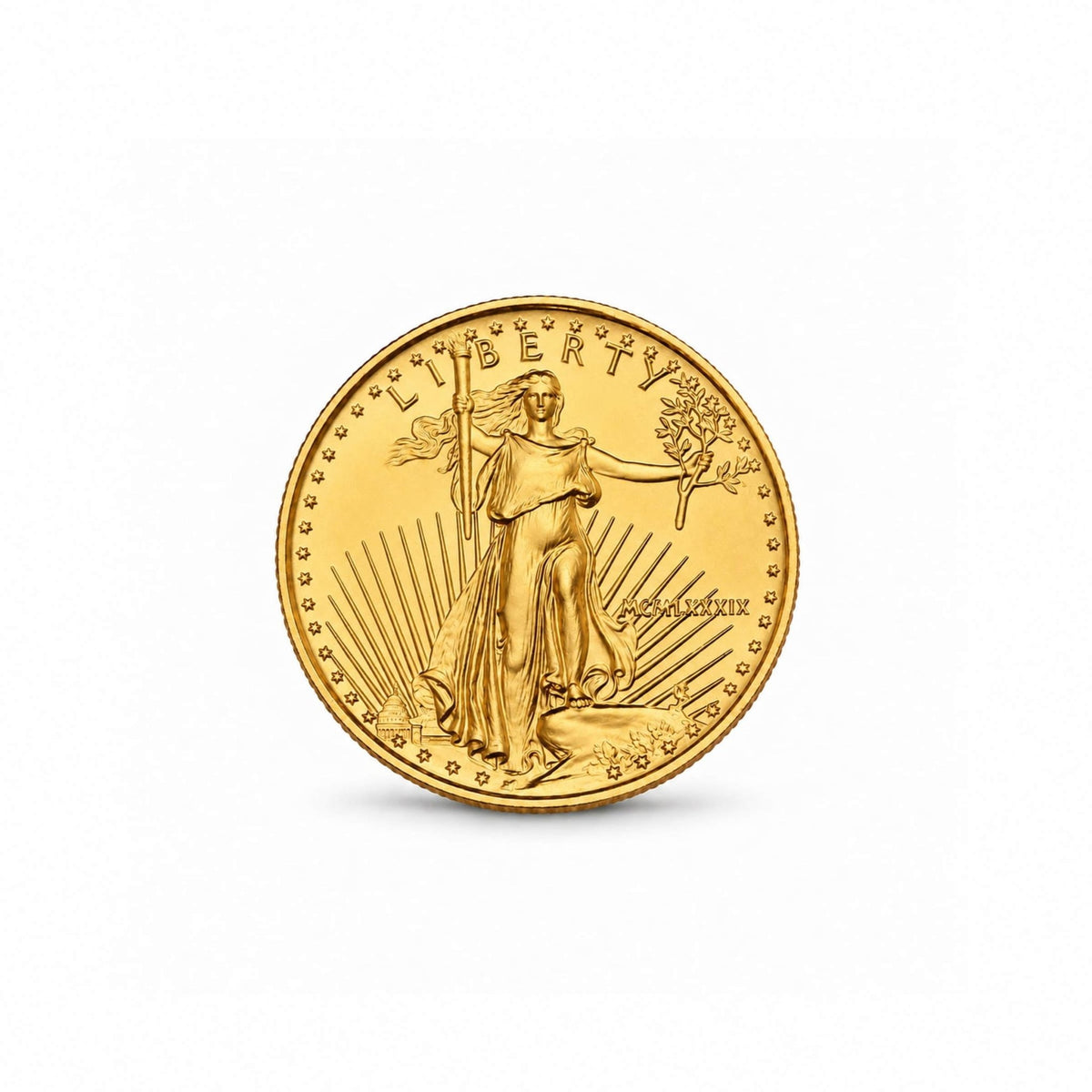 Moeda American Gold Eagle de 5 dólares de 1986, edição inaugural de 1/10 de onça em ouro de 22 quilates.