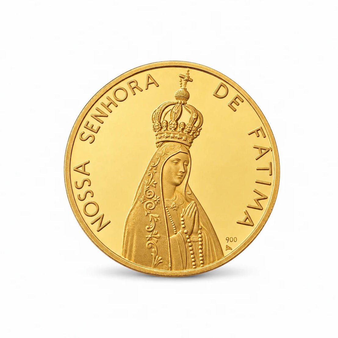 Peça comemorativa do cinquentenário das Aparições de Nossa Senhora de Fátima, 1917–1967, em ouro de 21,6 quilates.