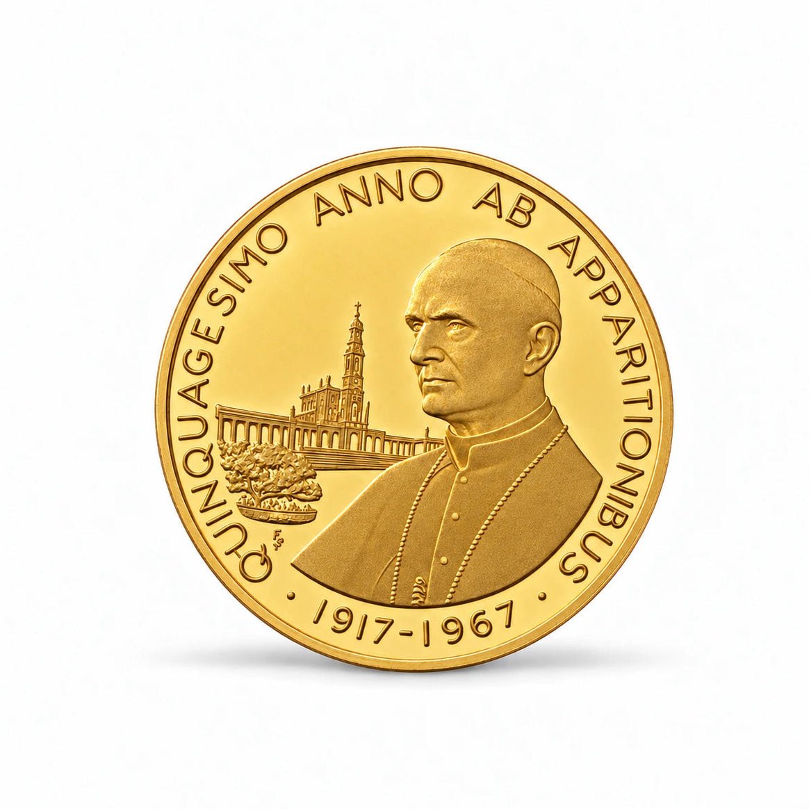 Relevos religiosos da peça comemorativa de Nossa Senhora de Fátima de 1917–1967, em ouro de 21,6 quilates.