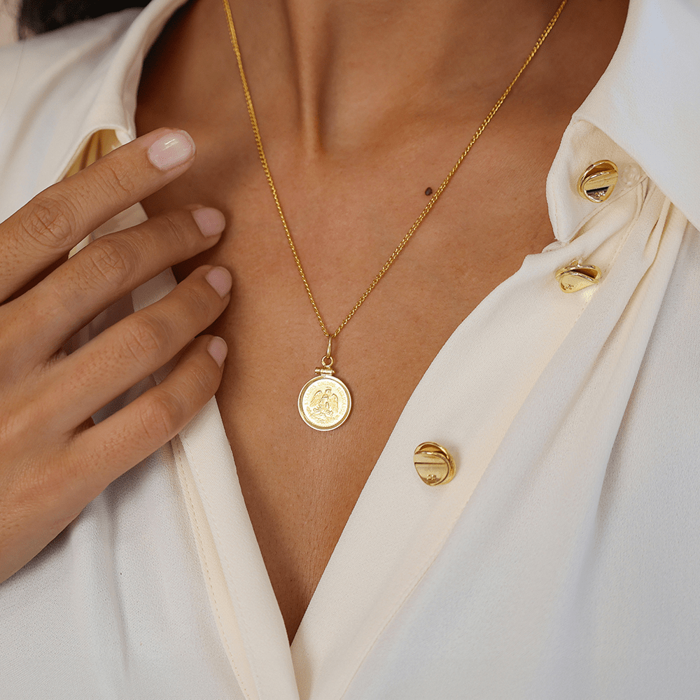 Moeda de 2 Pesos Mexicanos em Ouro de 22kl (1945) com Aro Simples 19kl - Loja do Ouro