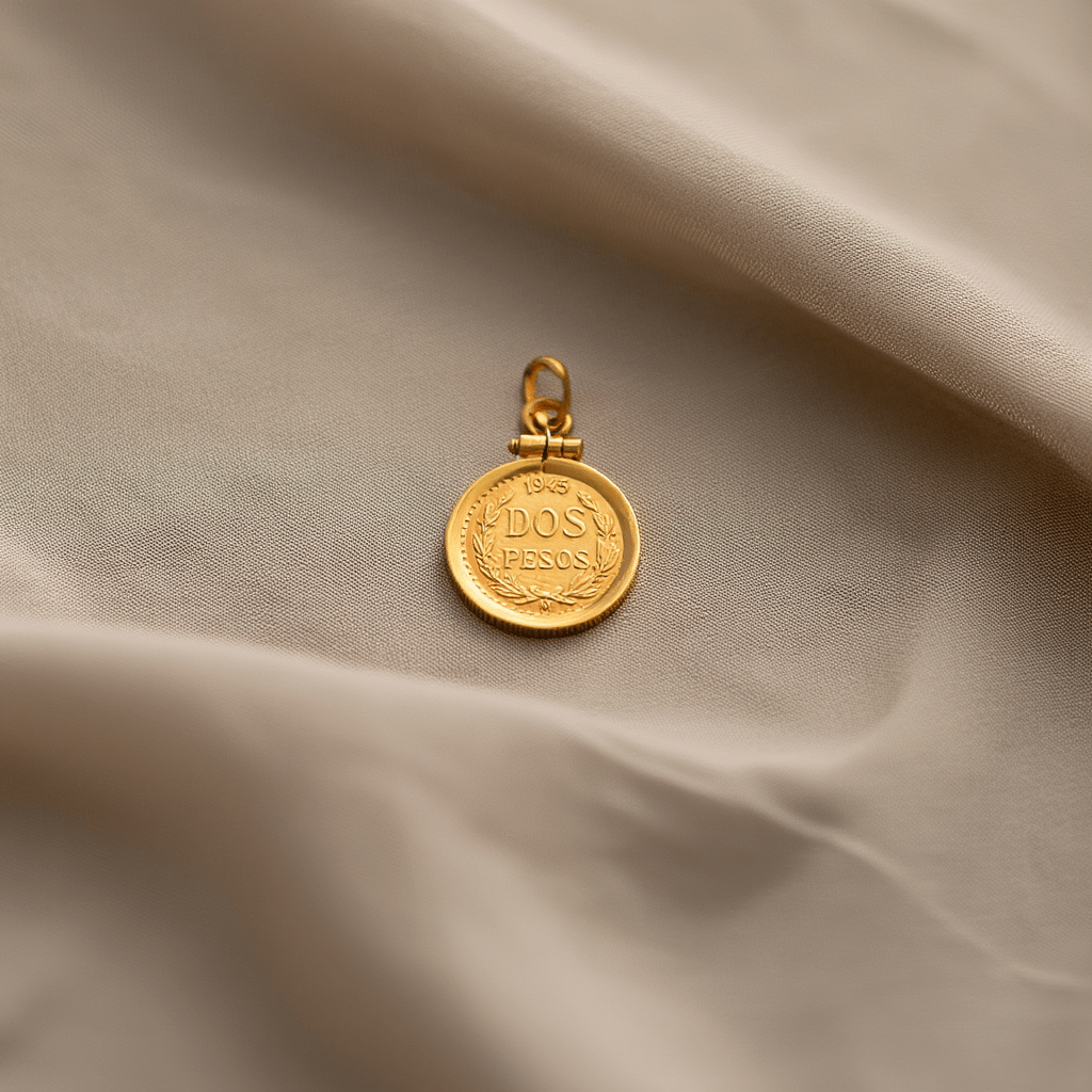 Moeda de 2 Pesos Mexicanos em Ouro de 22kl (1945) com Aro Simples 19kl - Loja do Ouro
