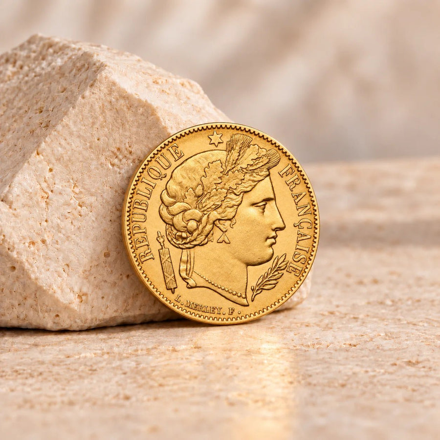 Moeda de 20 francos Ceres de 1851 em ouro 900 milésimas, com cunhagem histórica francesa.