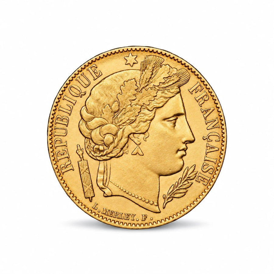 Moeda francesa de 20 francos Ceres de 1851 em ouro de 21,6 quilates, da Segunda República.