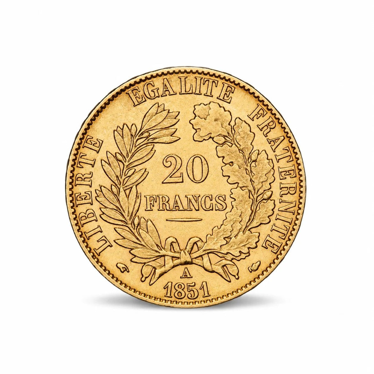 Relevos e inscrições da moeda francesa de 20 francos Ceres de 1851 em ouro.