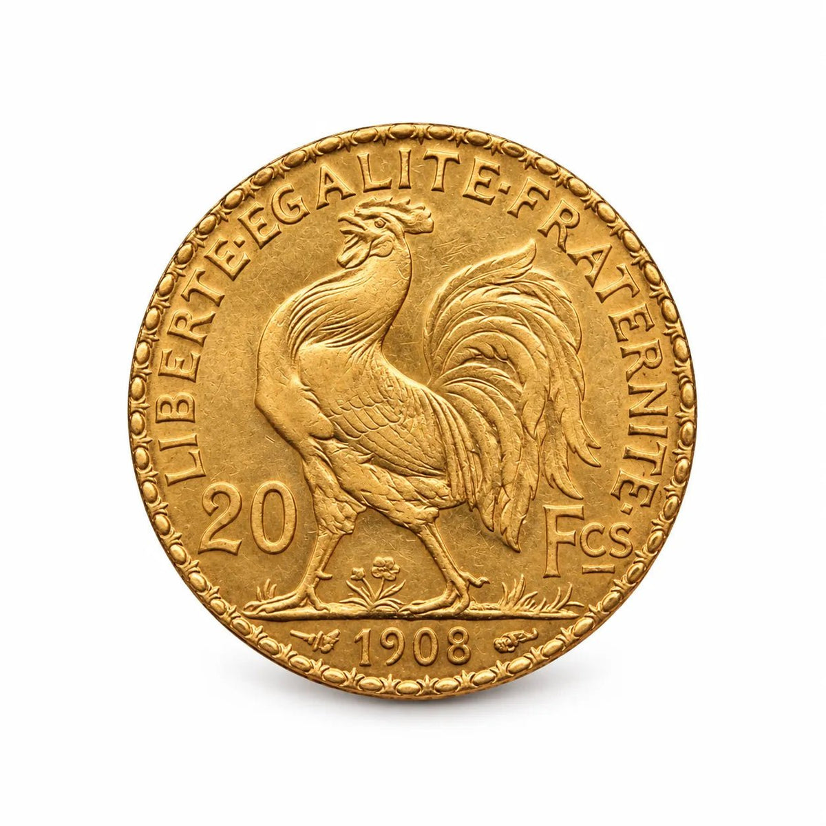 Gravuras e inscrições da moeda francesa de 20 francos Marianne e Galo em ouro.